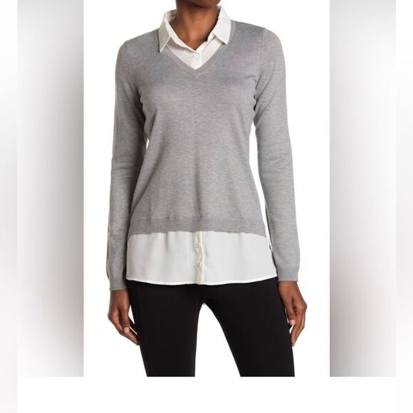 Adrianna Papell Button Front V-Neck Sweater  Shirt Grey/cream - Picture 1 of 8